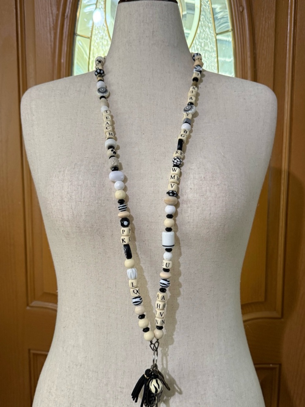 Teachers Black, White, and Cream Beaded Lanyard Necklace  by Plunder